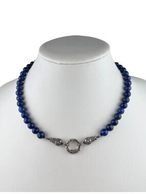 Vintage AF Lapis Lazuli 8mm Sterling Silver Necklace 17-19" Front & Back Clasp